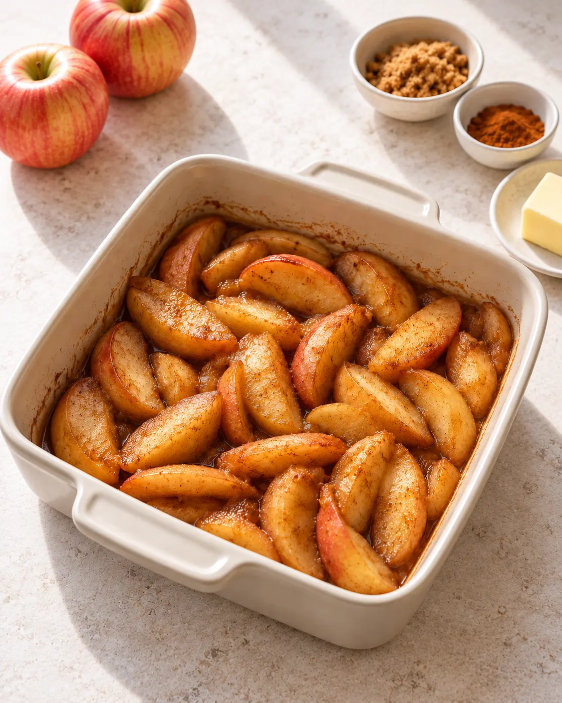 Tender baked cinnamon apple wedges with light brown syrup in the same square ivory ceramic baking dish.