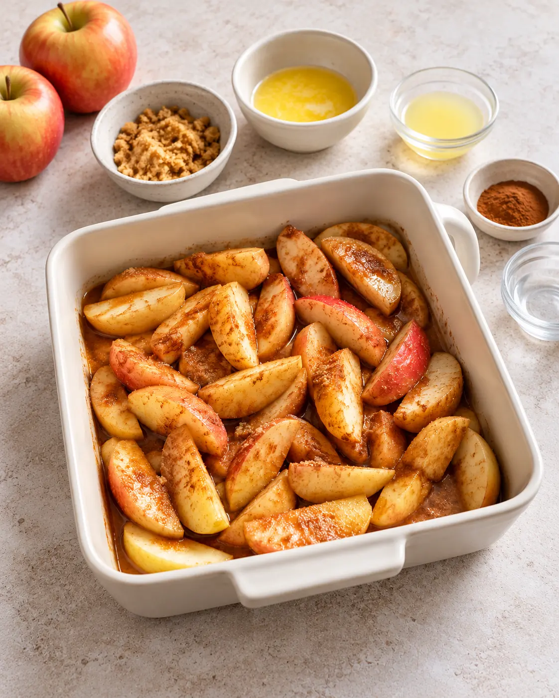 Unbaked apple wedges coated in cinnamon and melted butter in an 8-inch square ivory ceramic baking dish before covering.