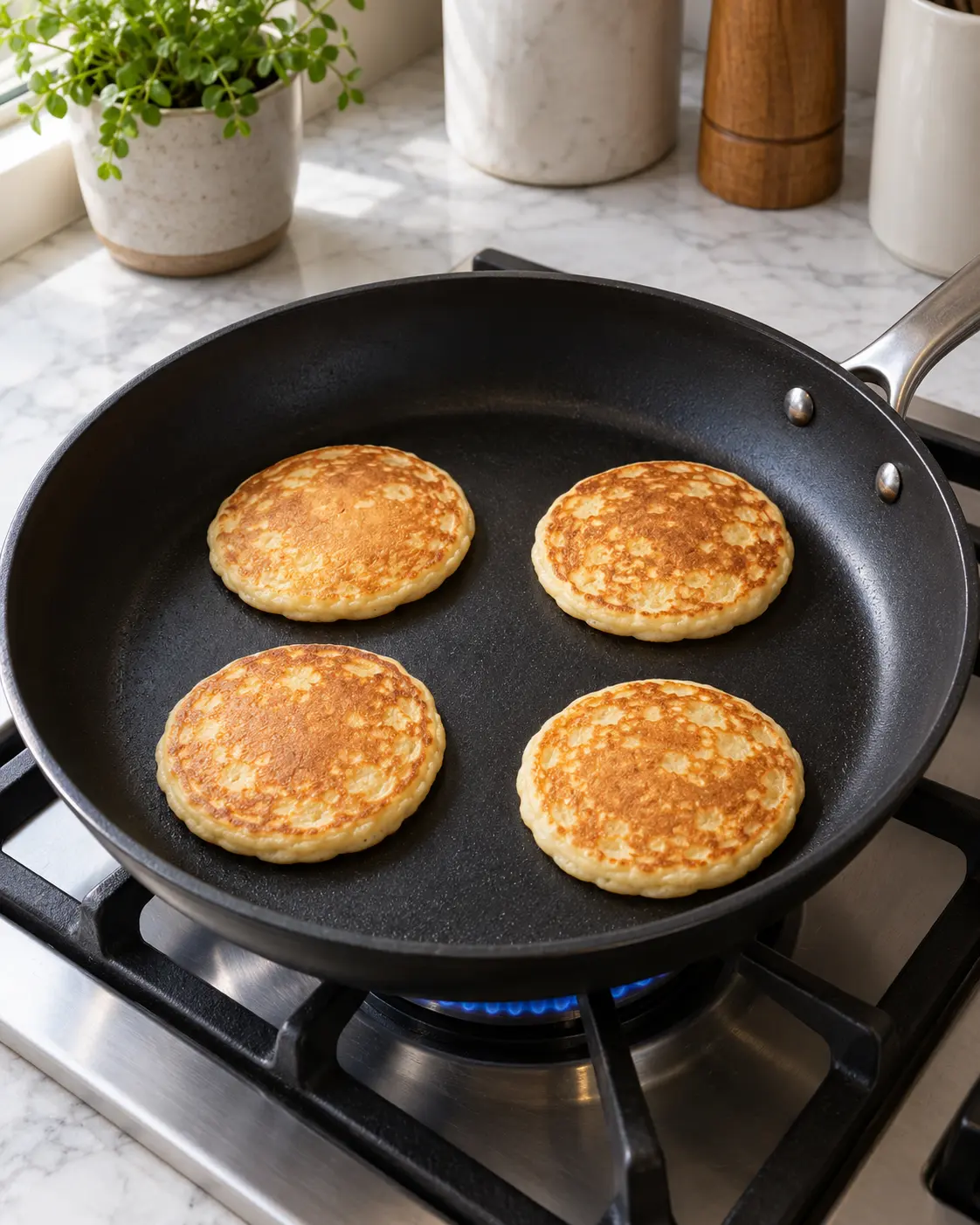 Four separate golden, softly set pancakes in a black nonstick skillet before plating.