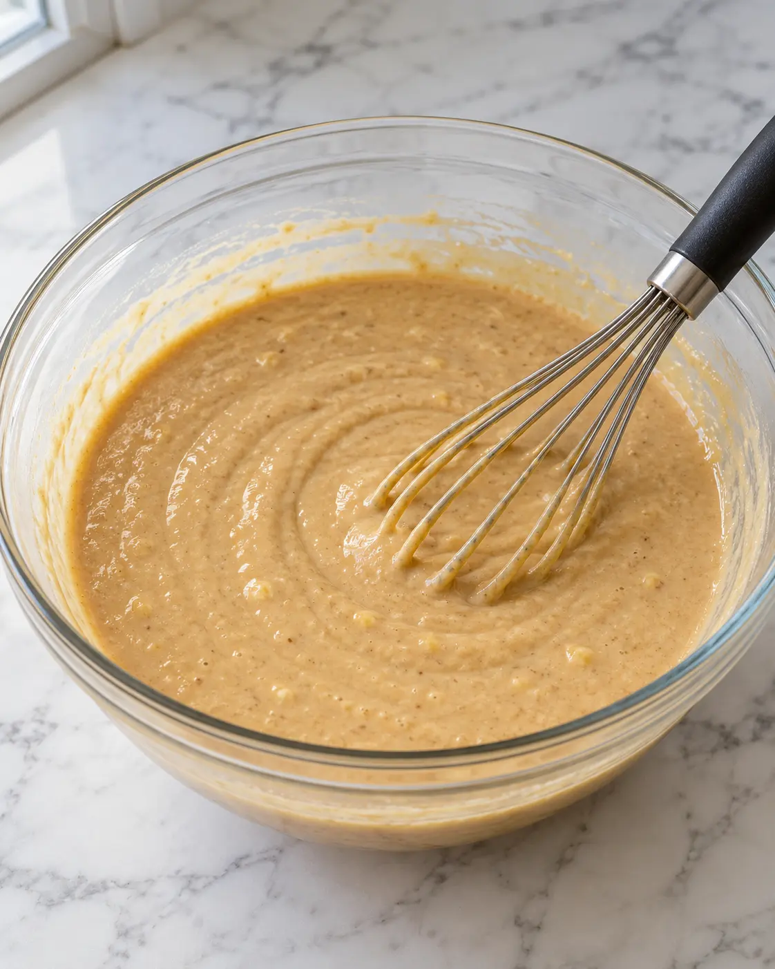 A dark-handled balloon whisk resting in uniformly tan pancake batter in a glass bowl.