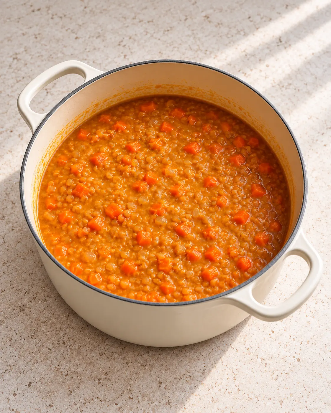 Thick orange carrot and red lentil soup in a cream-colored Dutch oven, softened lentils broken down and small carrot pieces visible.