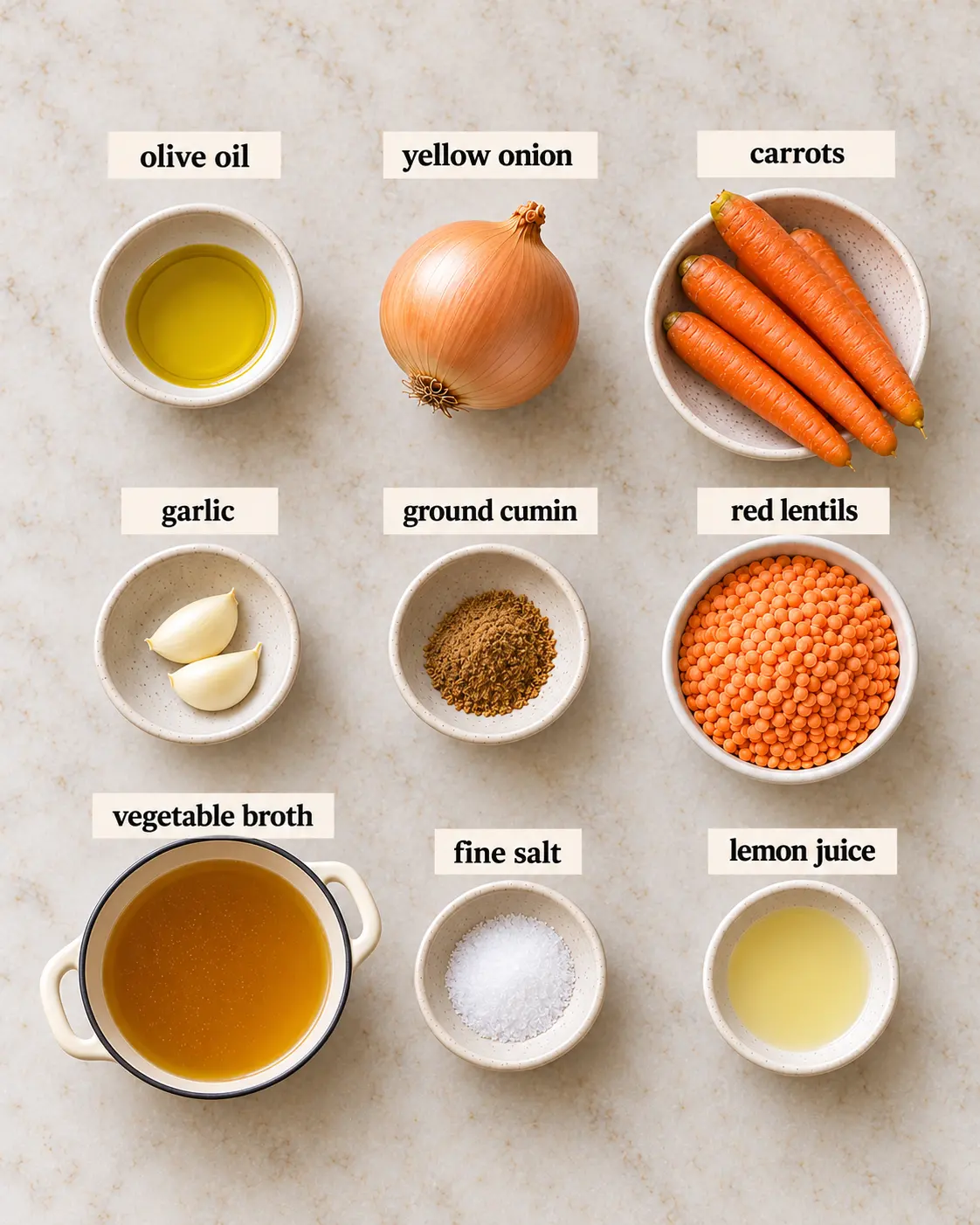 olive oil, yellow onion, carrots, garlic, ground cumin, dry split red lentils, low-sodium vegetable broth, fine salt, lemon juice, arranged with ingredient labels before preparation.