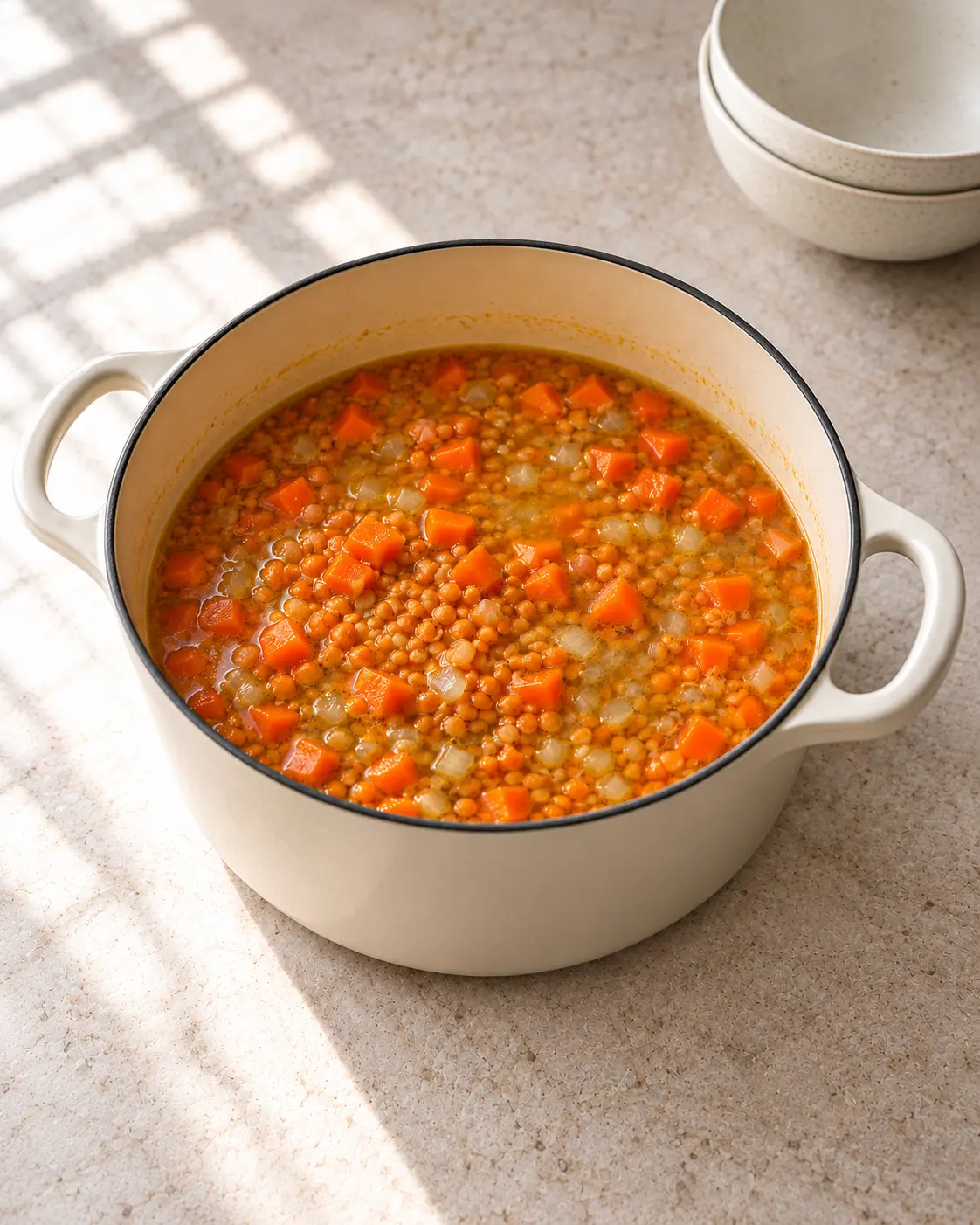Red lentils and diced carrots simmering in golden vegetable broth in a cream-colored Dutch oven, lentils still visibly separate.