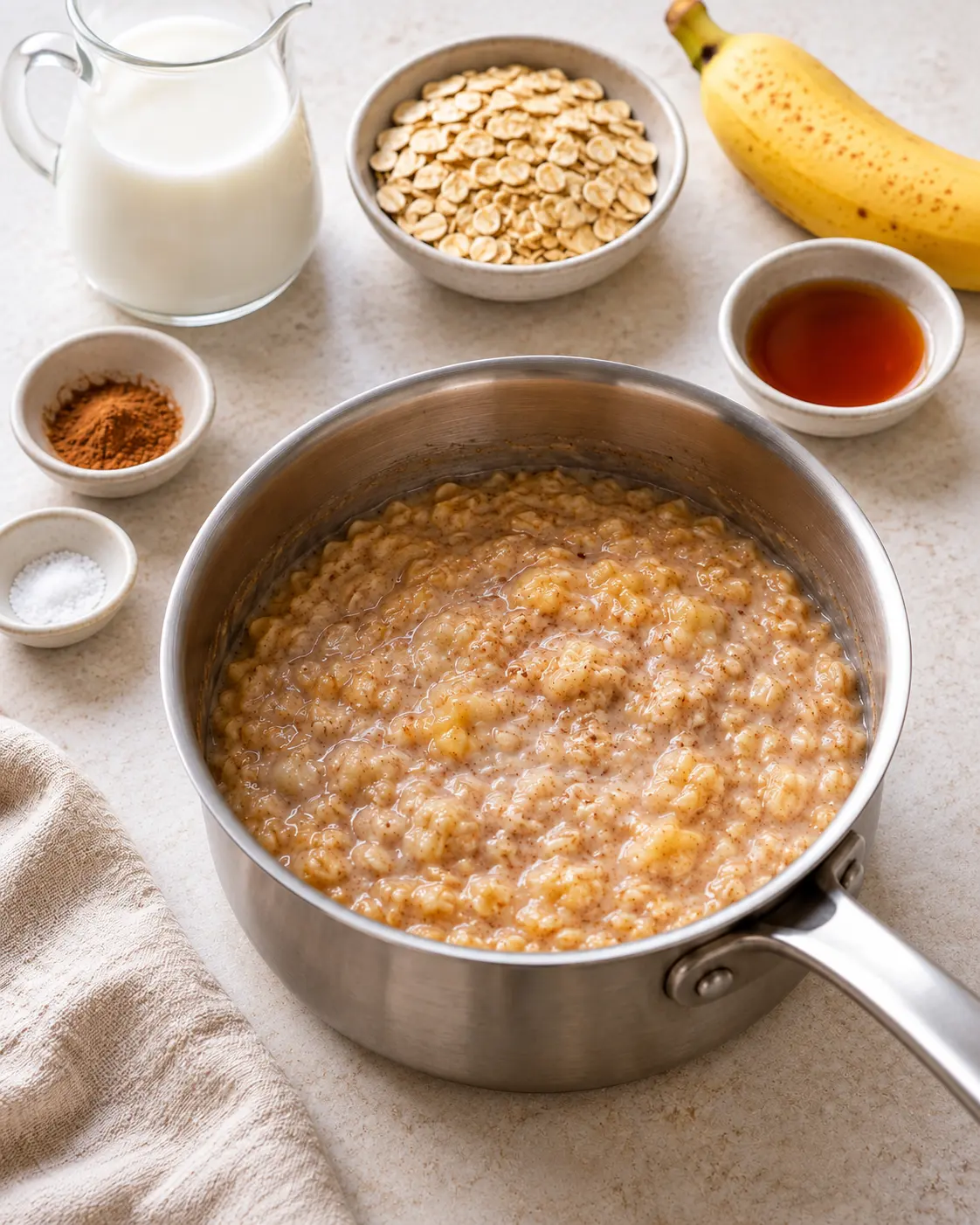 Cooked creamy cinnamon oatmeal in the same small stainless-steel saucepan off the heat, glossy spoonable texture, no fresh banana topping.