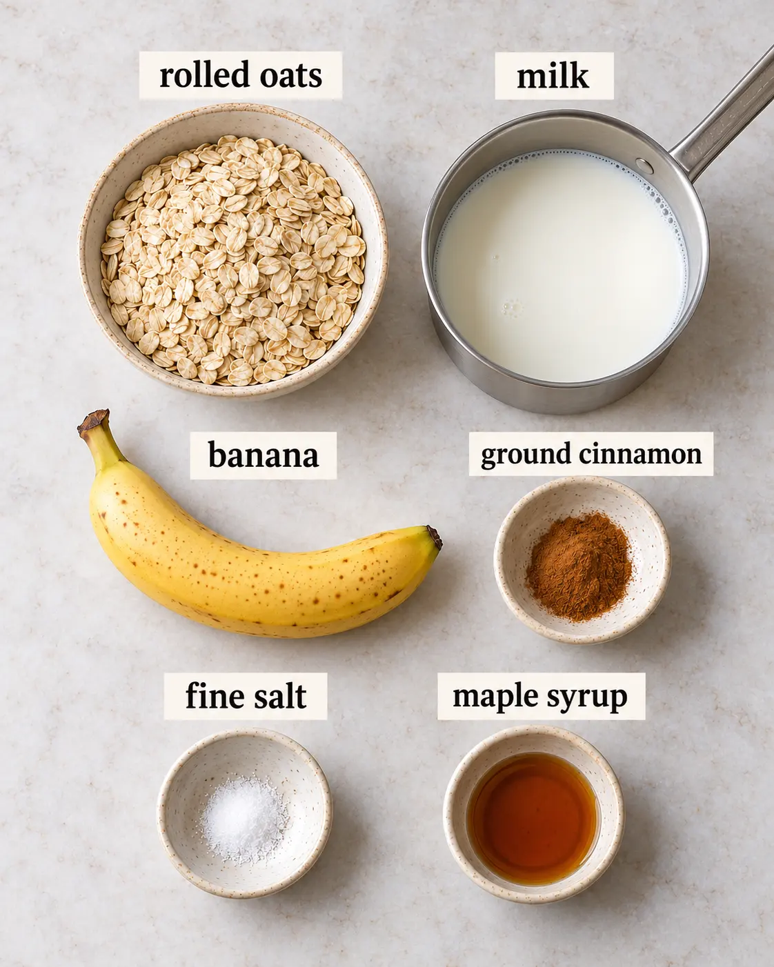 rolled oats, milk, banana, ground cinnamon, fine salt, maple syrup, arranged with ingredient labels before preparation.