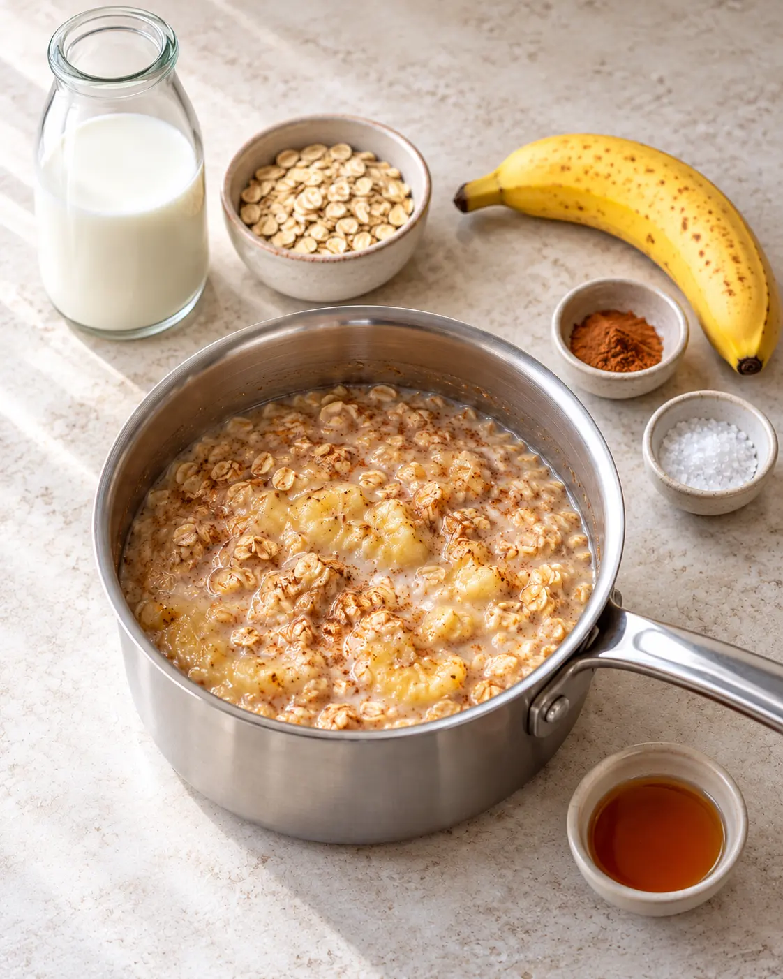 Creamy rolled oats simmering with mashed banana and cinnamon in a small stainless-steel saucepan, no sliced banana topping yet.