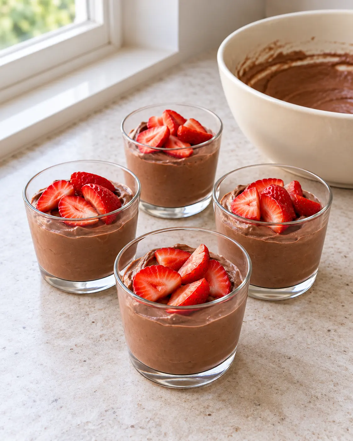 Four clear small glasses filled with smooth chocolate Greek yogurt, each topped with sliced strawberries, beside the same ivory mixing bowl.