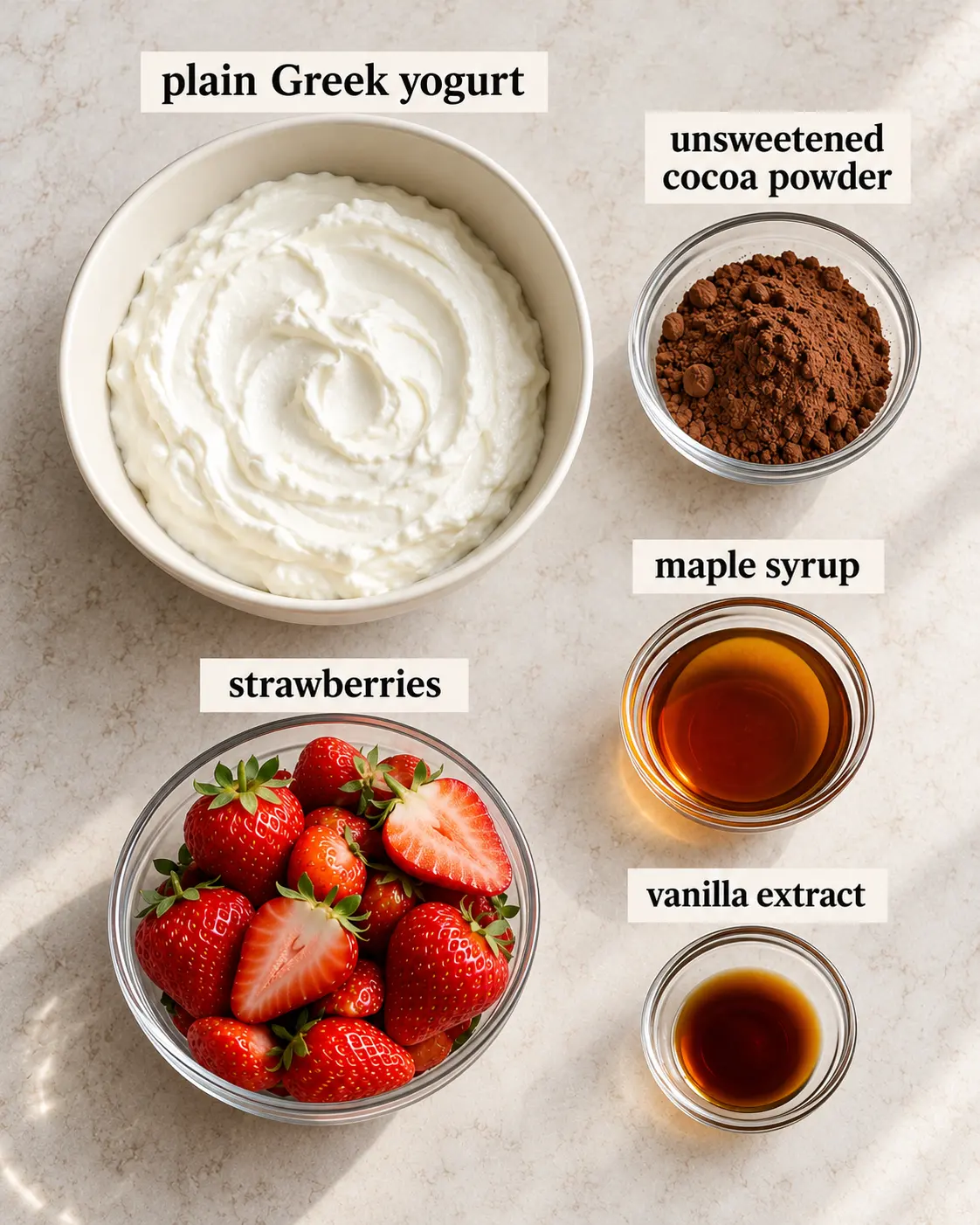 plain Greek yogurt, unsweetened cocoa powder, maple syrup, vanilla extract, strawberries, arranged with ingredient labels before preparation.