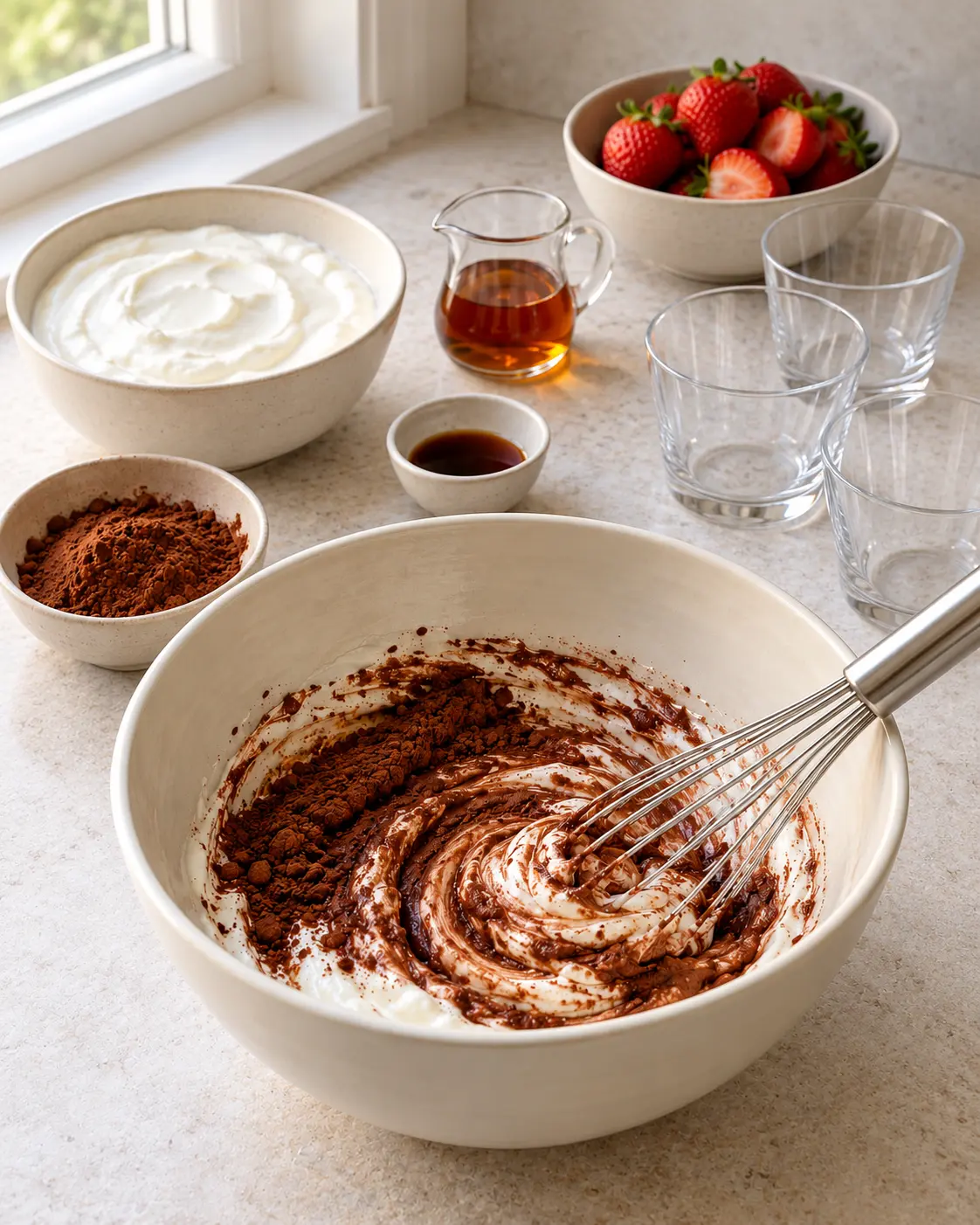Chocolate cocoa powder being incorporated into thick Greek yogurt in a large ivory mixing bowl, visible cocoa streaks and a whisk, no fruit added.