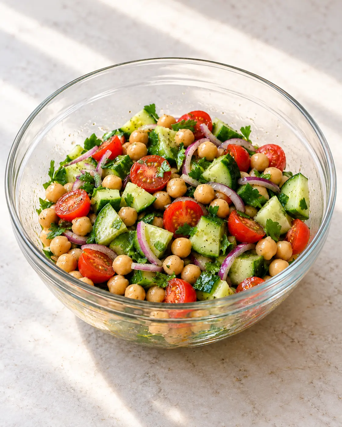 Dressed chickpea cucumber tomato parsley salad glistening lightly in the same clear glass mixing bowl.