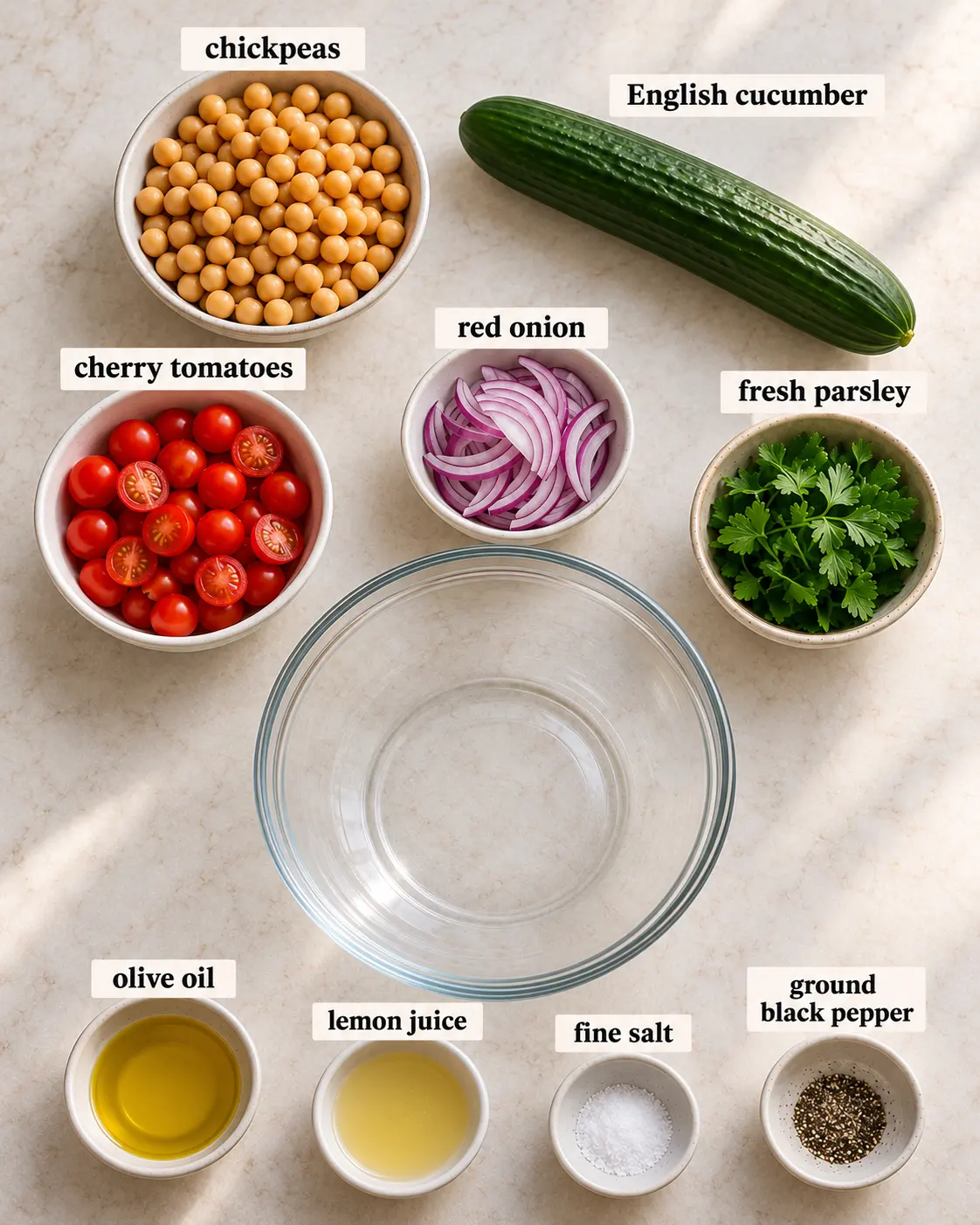 chickpeas, English cucumber, cherry tomatoes, red onion, fresh parsley, olive oil, lemon juice, fine salt, ground black pepper, arranged with ingredient labels before preparation.