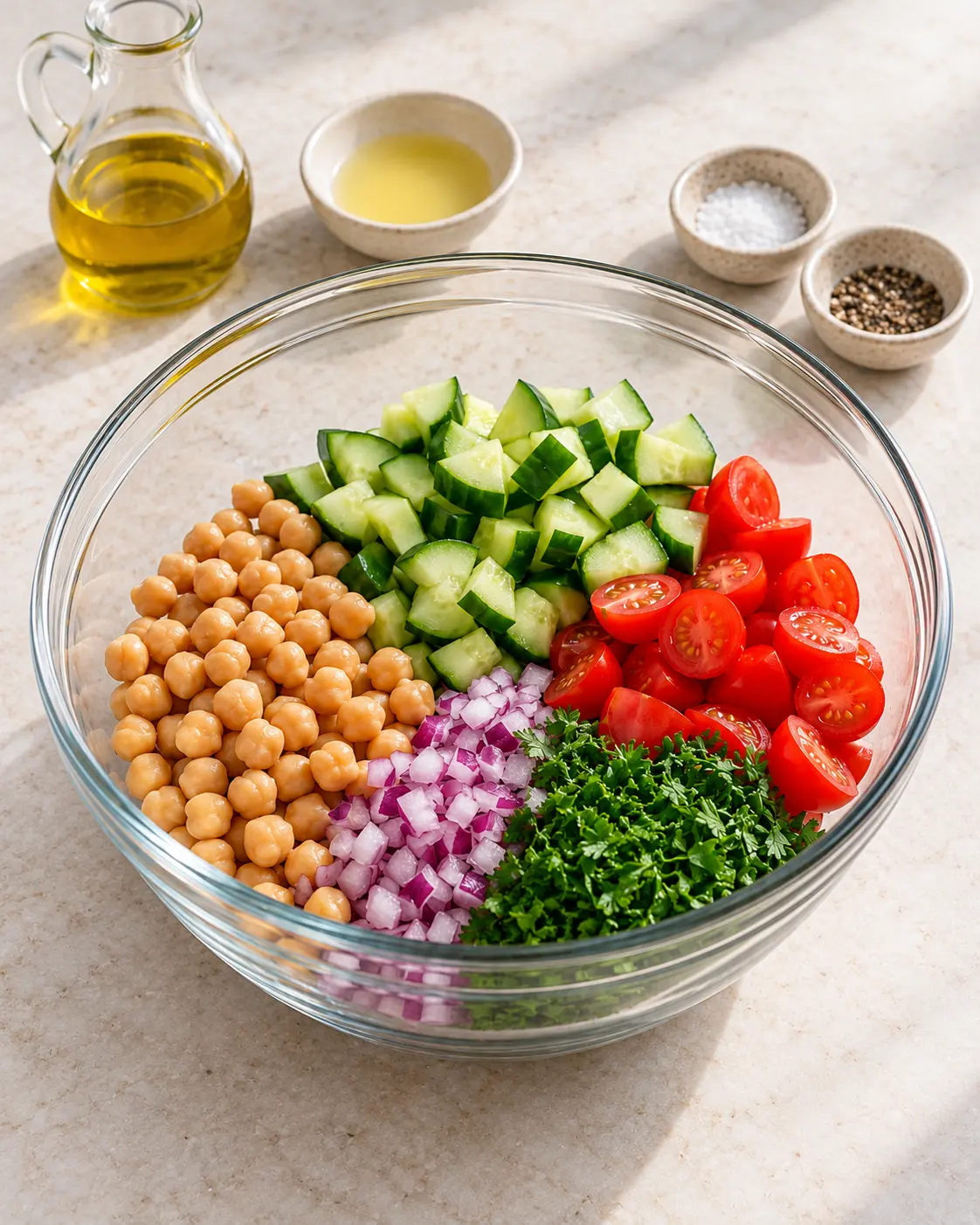 Chickpeas, diced cucumber, halved cherry tomatoes, finely diced red onion and chopped parsley in a clear glass mixing bowl before lemon dressing is tossed in.