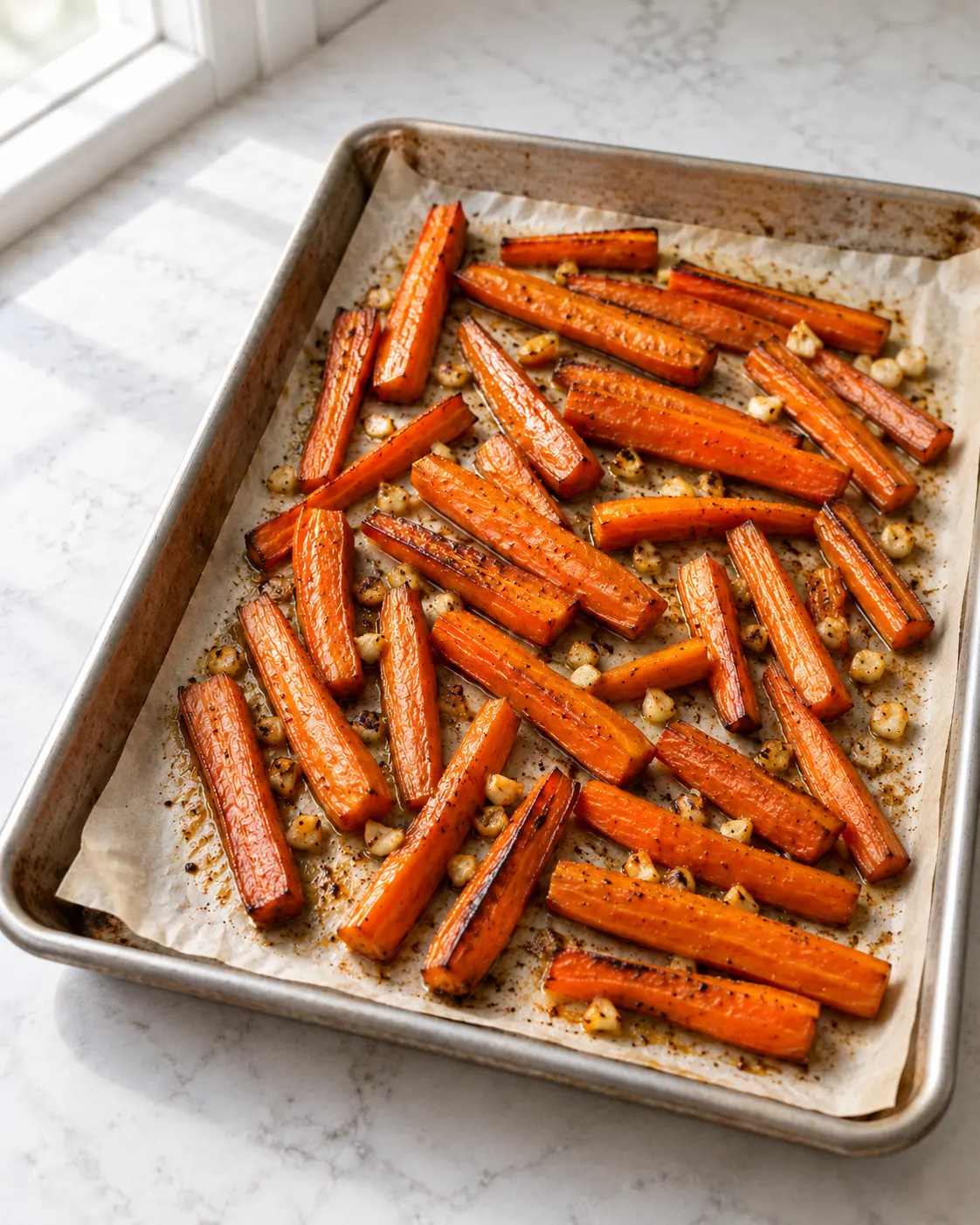 Tender browned carrot batons with tiny pale-golden garlic pieces on the same parchment-lined rimmed metal baking sheet.