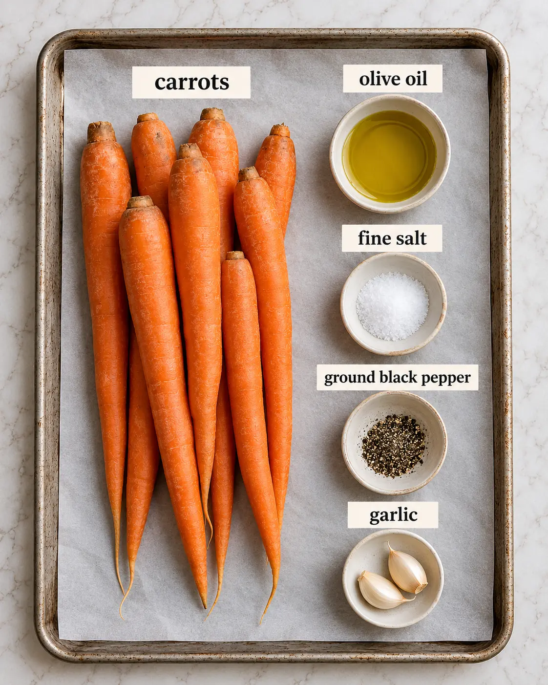 carrots, olive oil, fine salt, ground black pepper, garlic, arranged with ingredient labels before preparation.