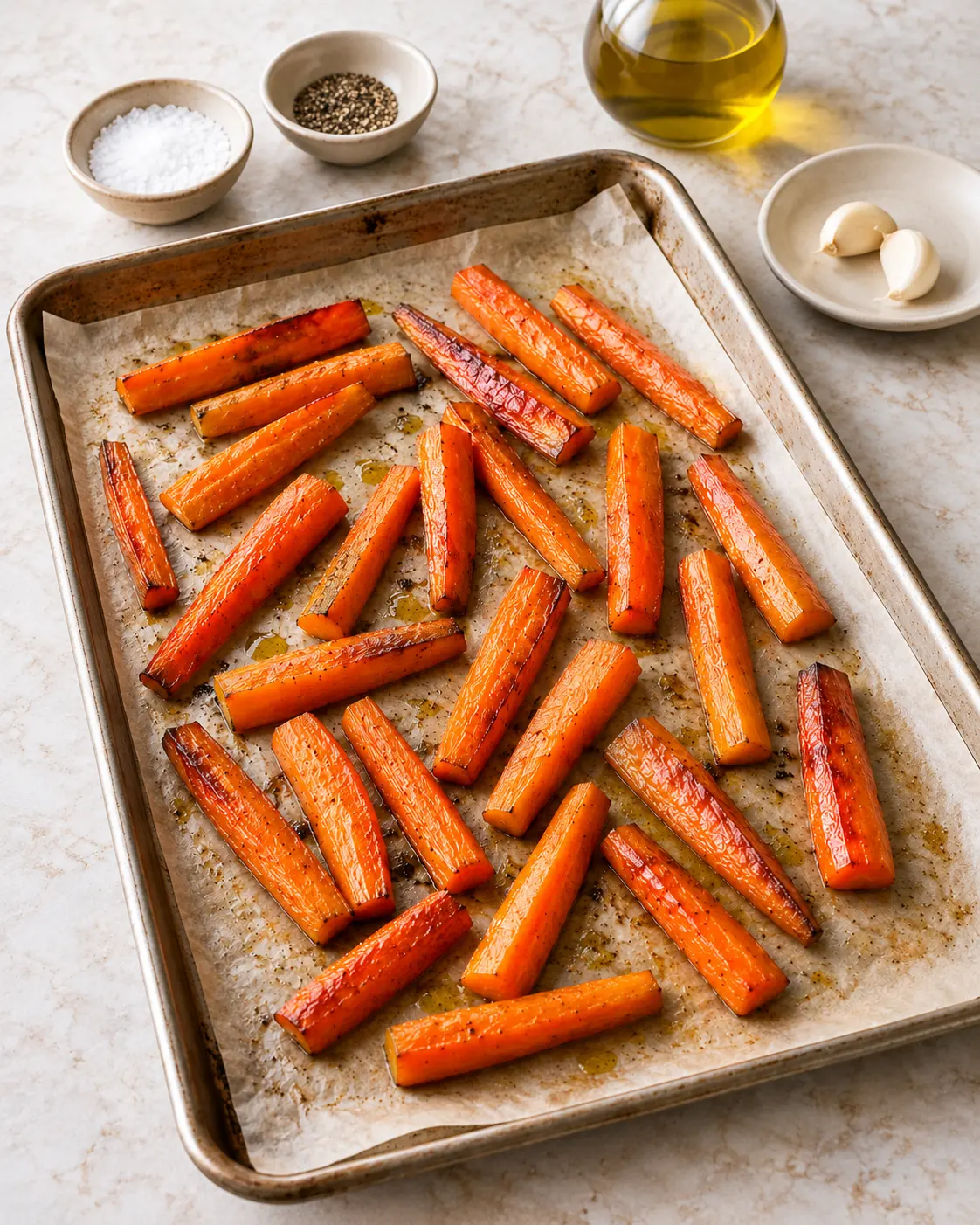 Carrot batons starting to brown on a parchment-lined rimmed metal baking sheet, before minced garlic is added.