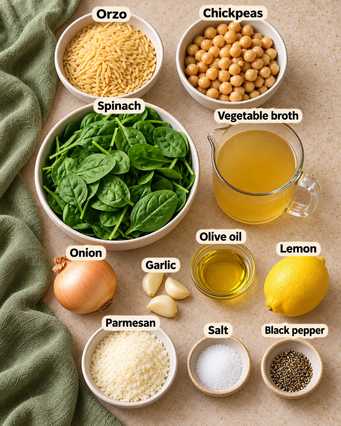 Orzo, chickpeas, spinach, broth, olive oil, onion, three garlic cloves, lemon, Parmesan, salt and pepper arranged on a pale countertop.