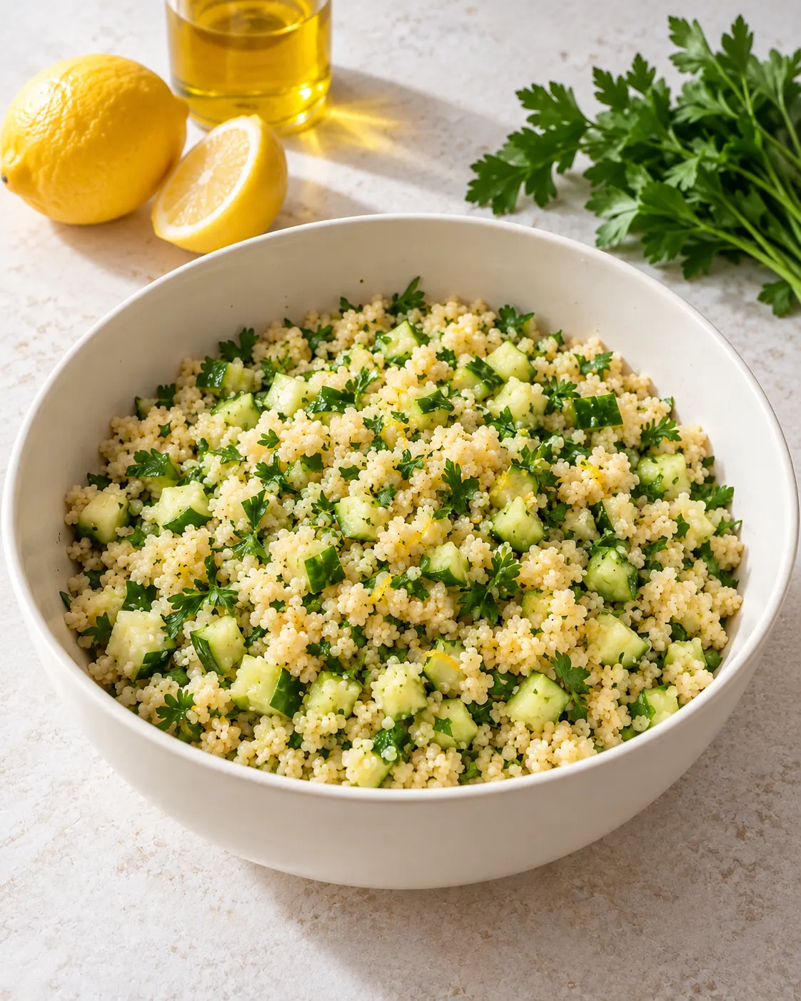 Fluffy couscous mixed with finely diced cucumber and chopped parsley in the same large ivory bowl, lightly dressed with lemon and olive oil.