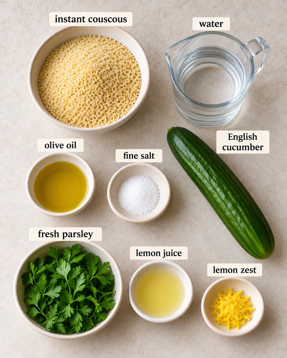 instant couscous, water, olive oil, fine salt, English cucumber, fresh parsley, lemon juice, lemon zest, arranged with ingredient labels before preparation.