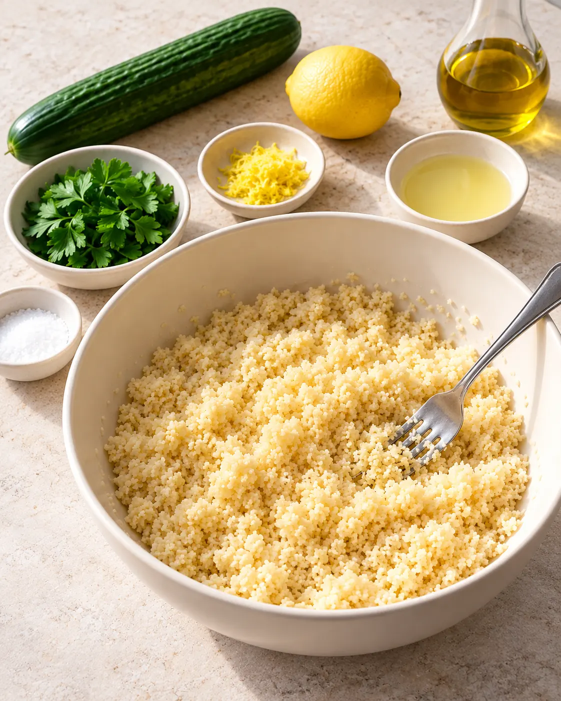 Freshly steeped plain fluffy couscous in a large ivory mixing bowl with a fork separating the grains, no cucumber or parsley added yet.