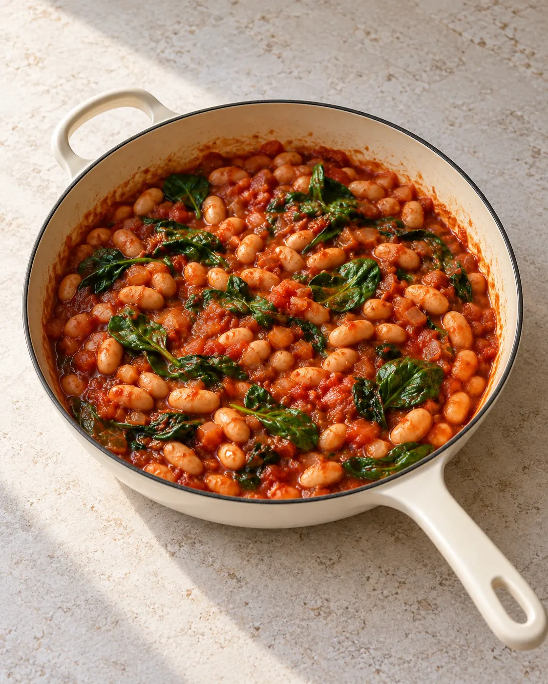 White beans in thick smoky red tomato sauce with wilted spinach in the same cream-colored sauté pan.
