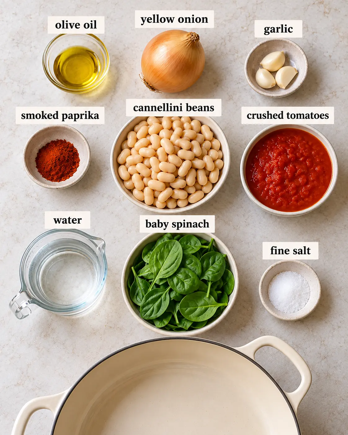 olive oil, yellow onion, garlic, smoked paprika, cannellini beans, crushed tomatoes, water, baby spinach, fine salt, arranged with ingredient labels before preparation.