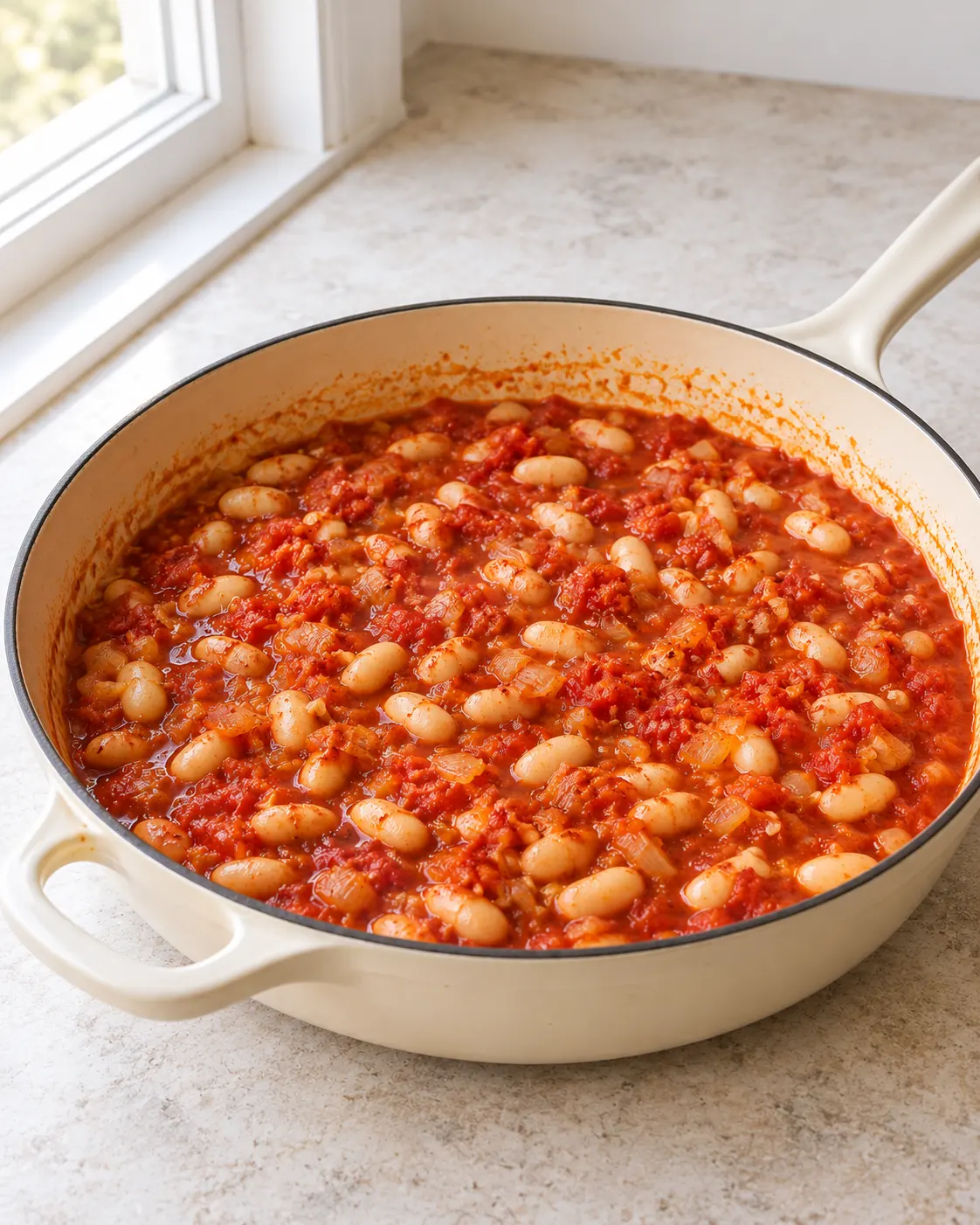 White cannellini beans simmering in crushed tomato sauce with diced onion and smoked paprika in a wide cream-colored sauté pan, before spinach is added.