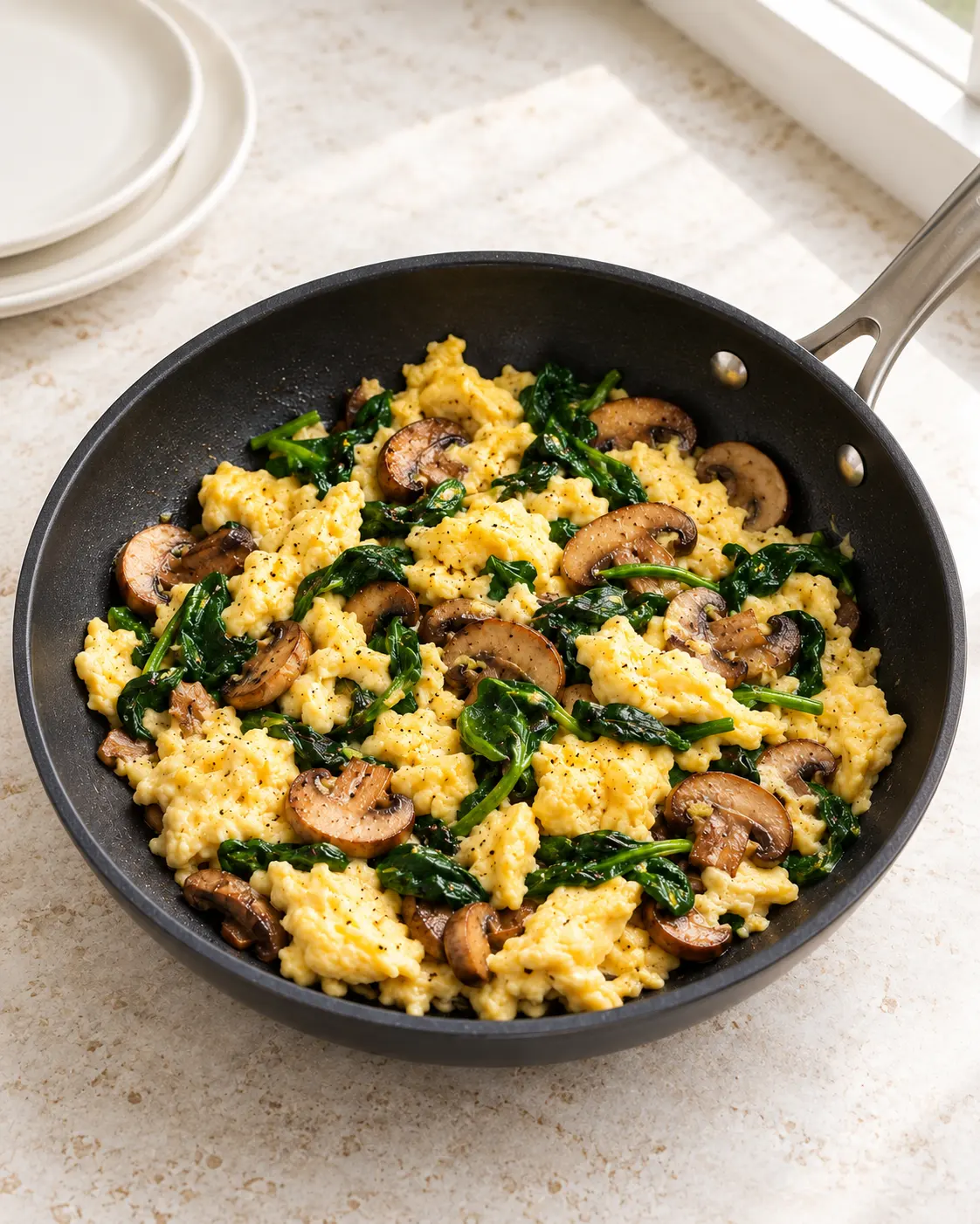 Soft fully set scrambled eggs folded with golden sliced mushrooms and wilted spinach in a dark nonstick skillet.