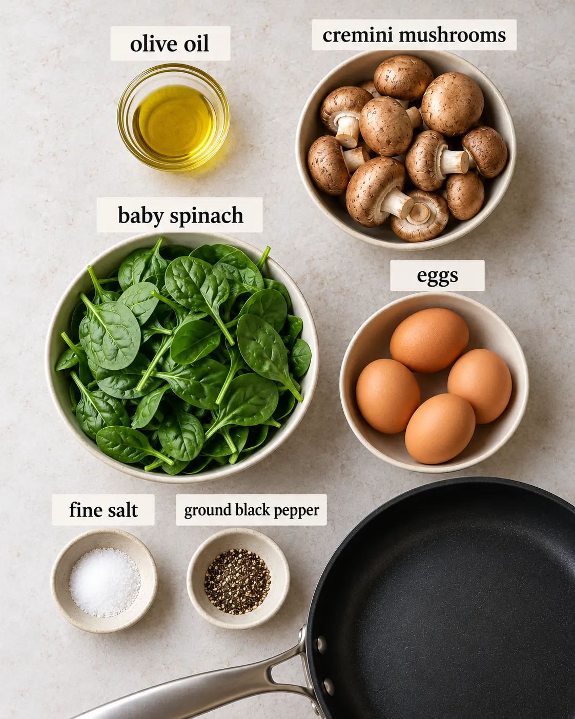 olive oil, cremini mushrooms, baby spinach, eggs, fine salt, ground black pepper, arranged with ingredient labels before preparation.