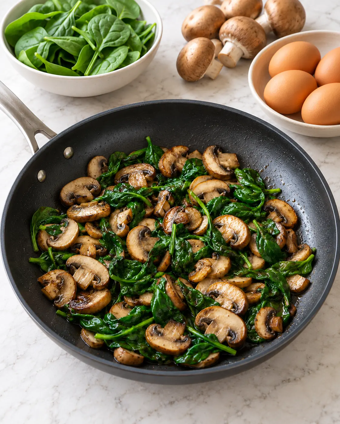 Golden sliced cremini mushrooms and wilted spinach in a 10-inch dark nonstick skillet before any eggs are added.