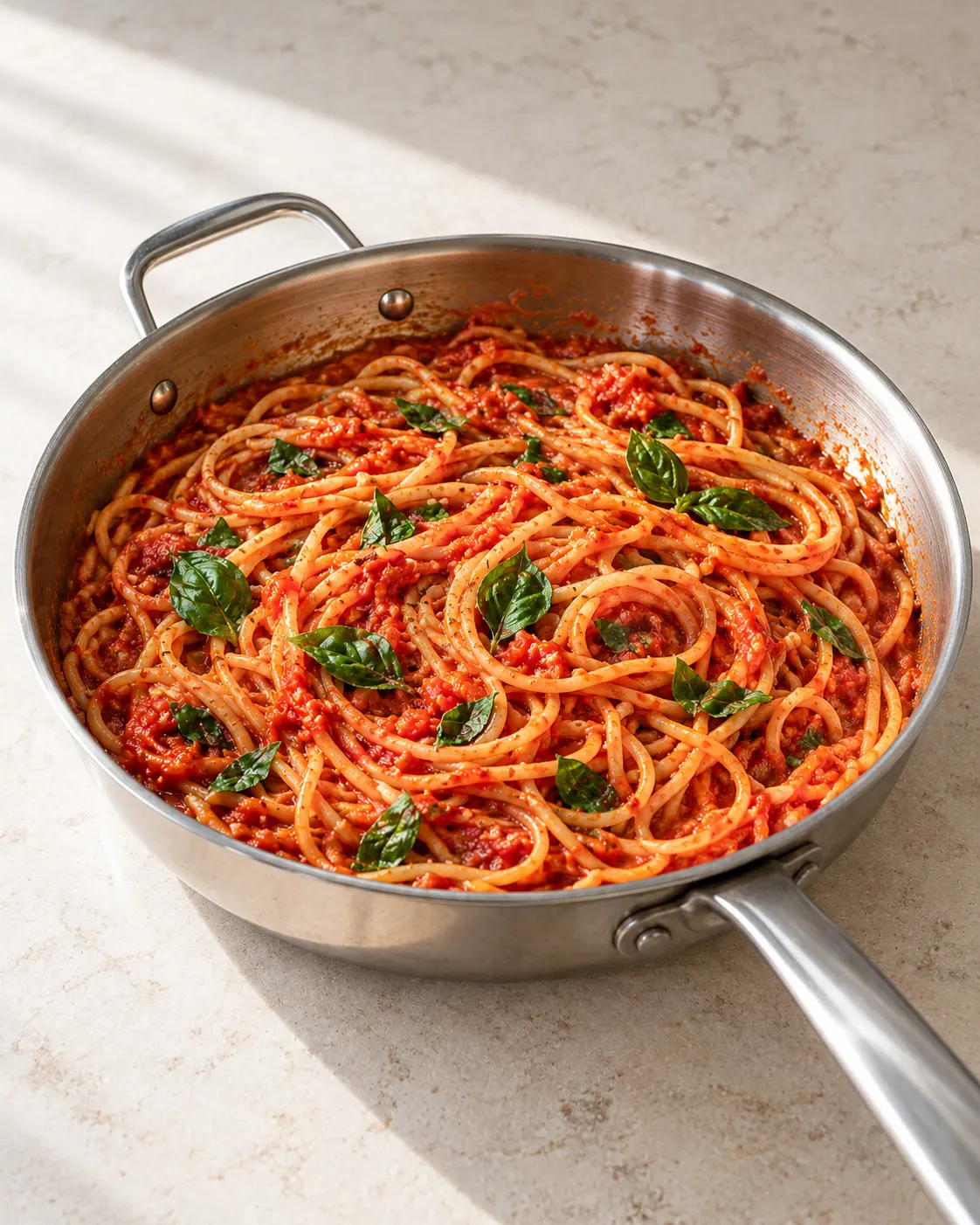 Spaghetti coated in red tomato sauce with torn green basil leaves in a wide stainless-steel sauté pan.