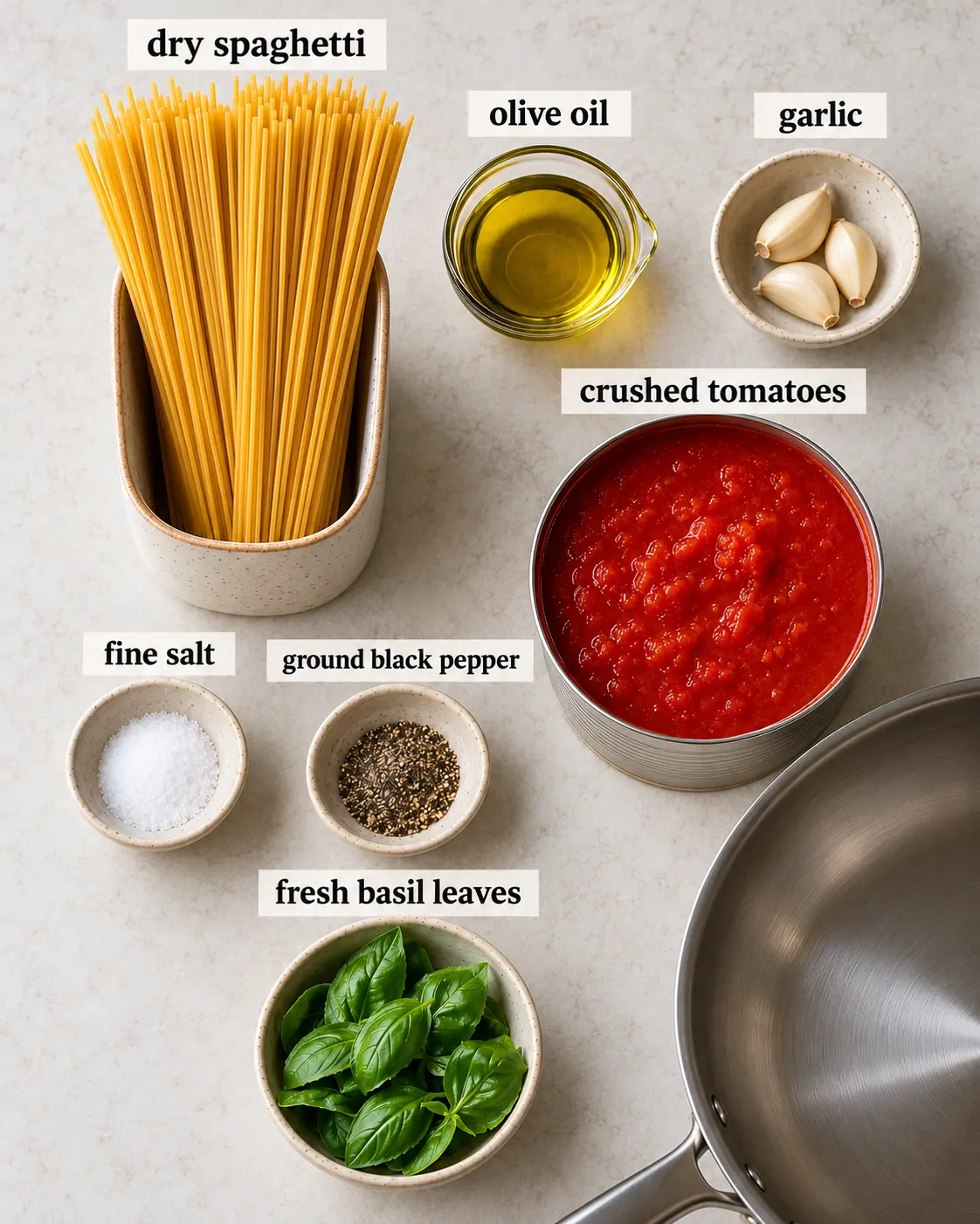 dry spaghetti, olive oil, garlic, crushed tomatoes, fine salt, ground black pepper, fresh basil leaves, arranged with ingredient labels before preparation.