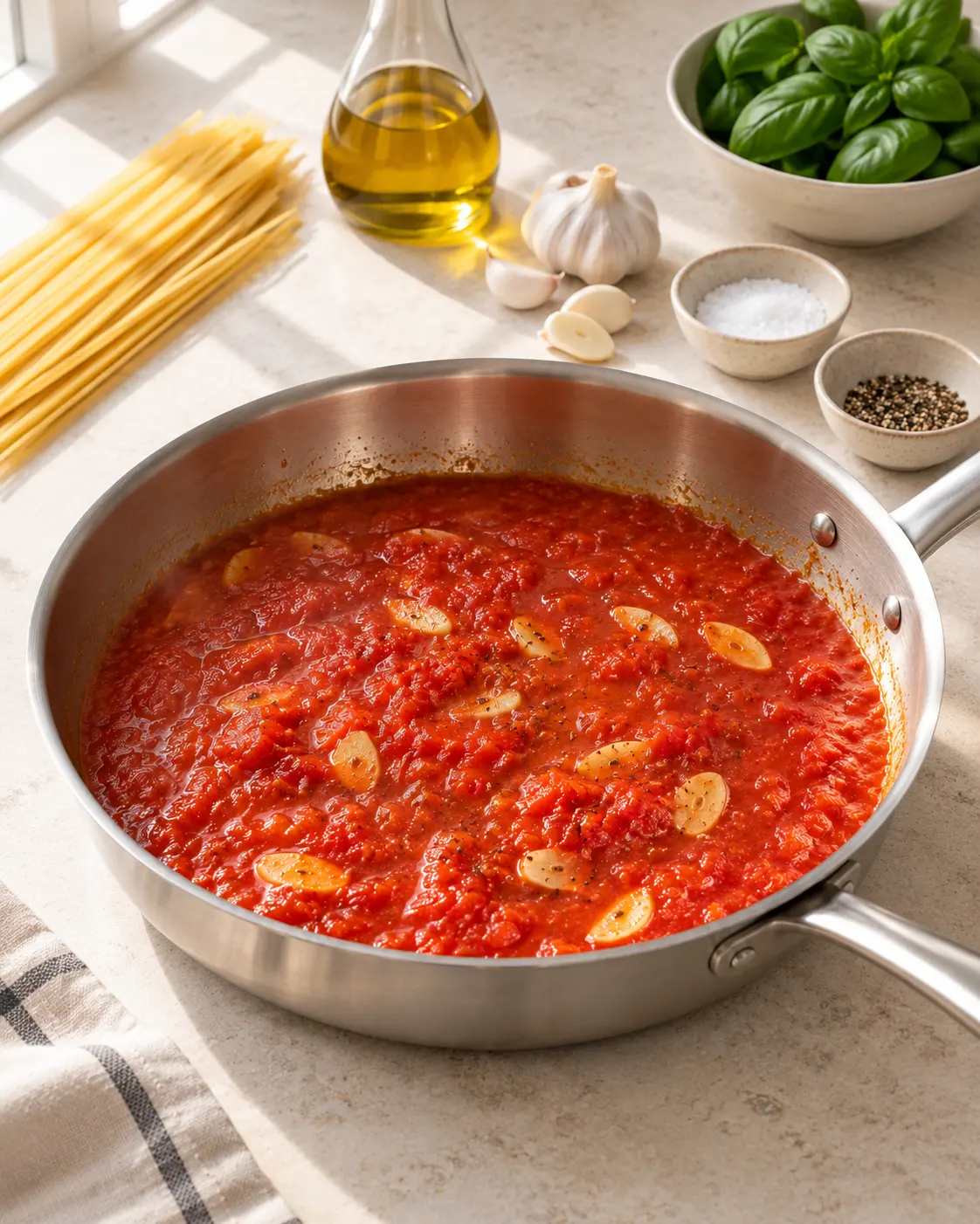 Crushed tomato sauce with thin garlic slices simmering in a wide stainless-steel sauté pan before spaghetti or basil is added.